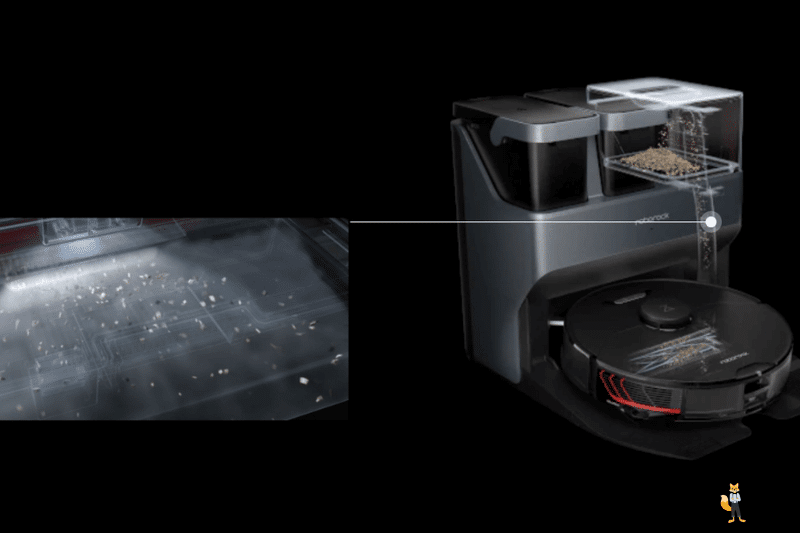 Die Funktionsweise der Absaugstation des Roborock S7 MaxV Ultra wird gezeigt